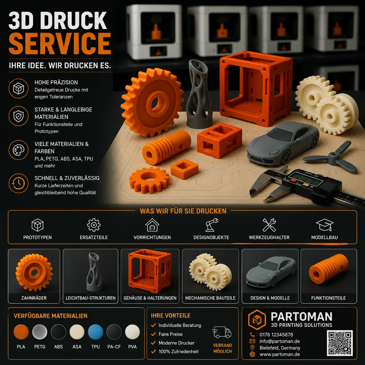 Orangefarbene und technische 3D-Druckteile für Prototypen